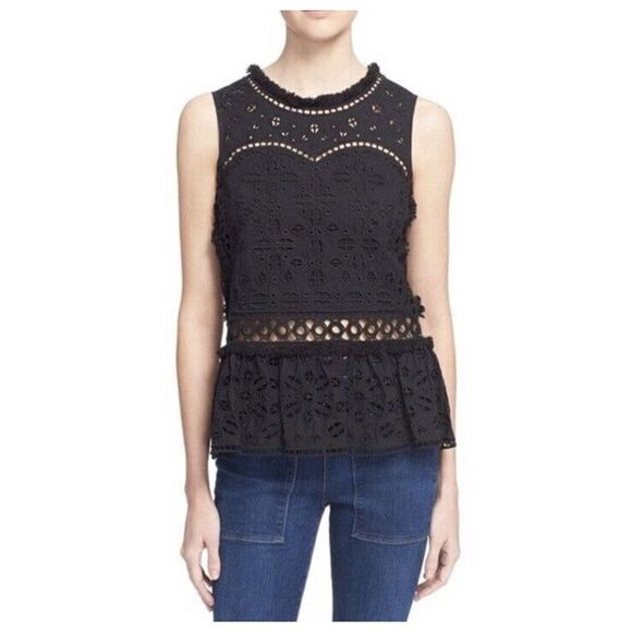 Sea New York Eyelet and Lace Sleeveless Top Black Peplum Style Women’s Size 0 - Picture 1 of 10